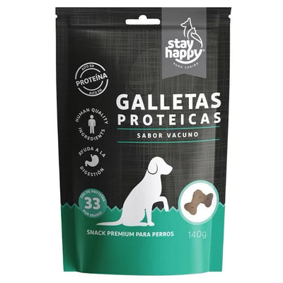Stay Happy galletas proteicas vacuno grain free 140 grs snack para perro empaque
