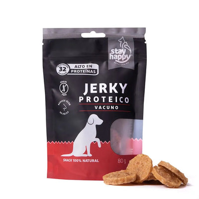 Stay Happy Jerky proteico vacuno 80 g snack para perros vista frontal