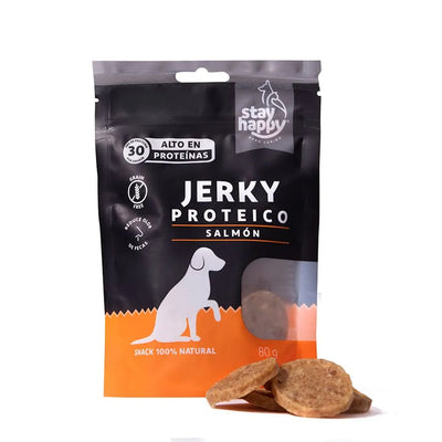 Stay Happy Jerky proteico salmón 80 g snack para perros vista frontal