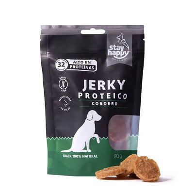 Stay Happy Jerky proteico cordero 80 g snack para perros vista frontal