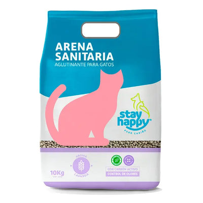 Stay Happy arena aglutinante aroma lavanda 10 Kg para gatos empaque