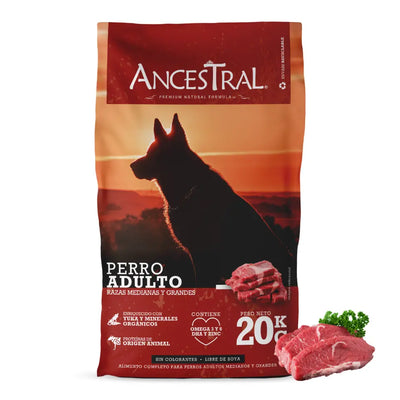 Ancestral adulto razas medianas y grandes 20 Kg alimento seco para perros empaque
