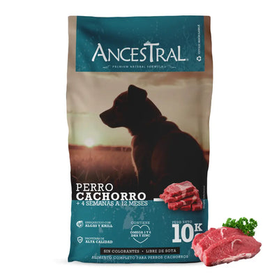 Ancestral cachorro 10 Kg alimento seco para perros empaque