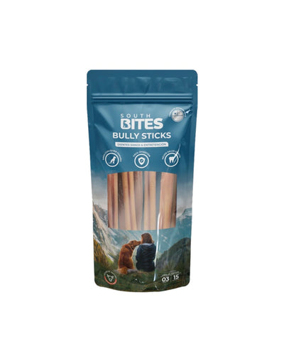 South Bites snack perro Bully Sticks 3 unidades 15 cm empaque vista frontal