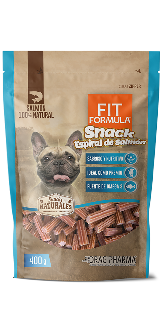 Fit Formula snack natural espiral de salmón 400 grs perro empaque vista frontal