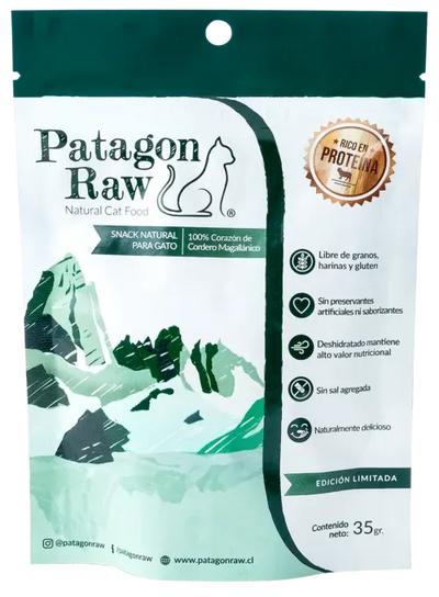 Patagon Raw snack corazón cordero gatos 35 grs empaque vista frontal