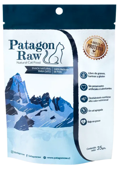 Patagon Raw snack pollo gatos 35 grs empaque vista frontal
