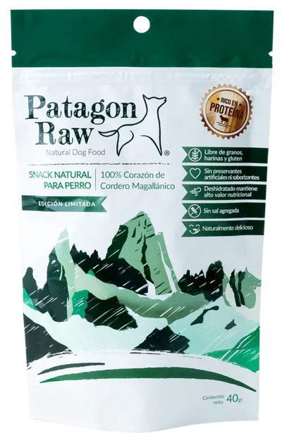 Patagon Raw snack corazón cordero perros 40 grs empaque vista frontal