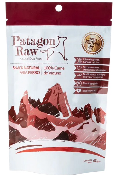 Patagon Raw snack vacuno perros 40 grs empaque vista frontal
