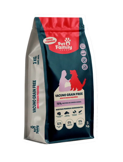 Pet Family grain free razas pequeñas 3 kg alimento seco perro saco vista frontal