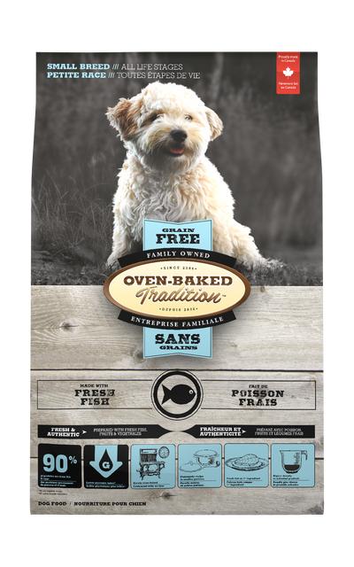Oven Baked Tradition perro Grain Free razas pequeñas pescado 2.27 Kg vista frontal
