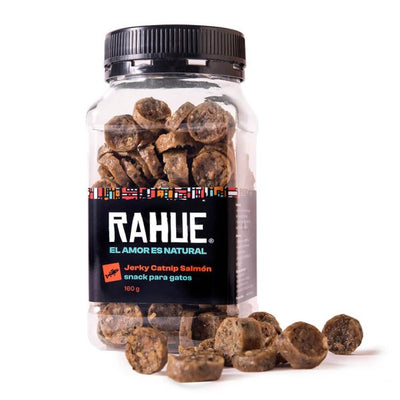 Rahue Jerky catnip salmón 160 g snack deshidratado para gatos empaque