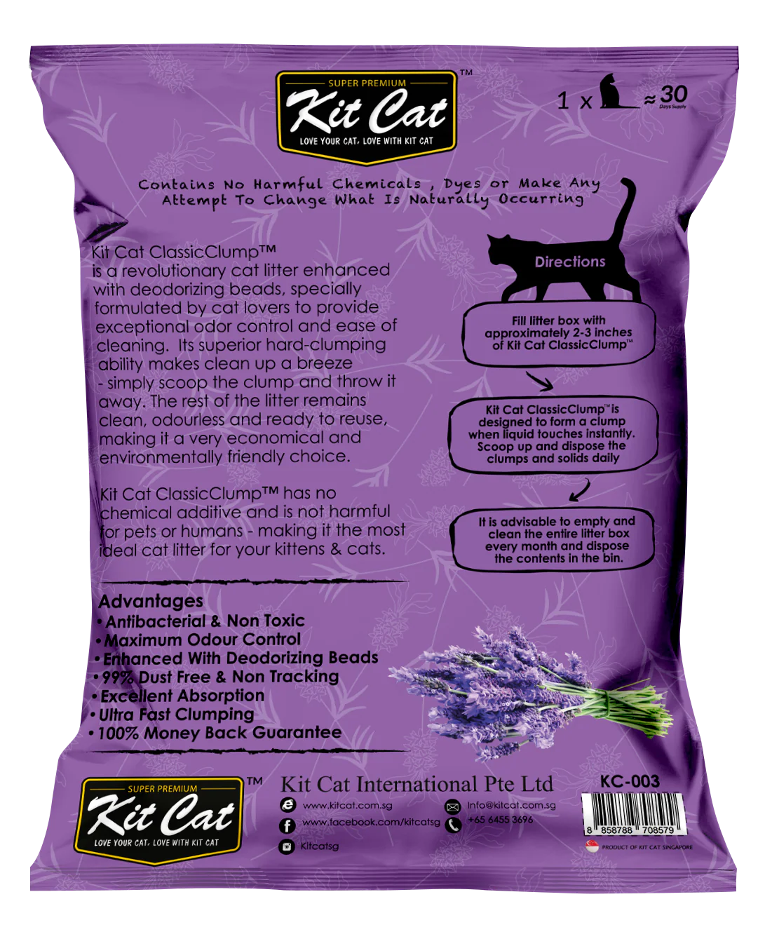 Kit Cat Classic Clump arena natural lavanda 7 kg vista trasera
