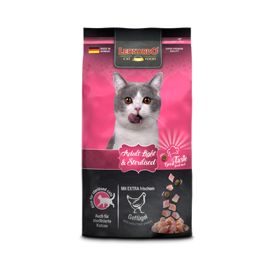 Leonardo Adult Light y Sterilized alimento seco gatos 1.8 Kg empaque frontal