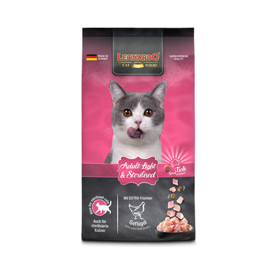 Leonardo Adult Light y Sterilized alimento seco gatos 7.5 Kg empaque frontal
