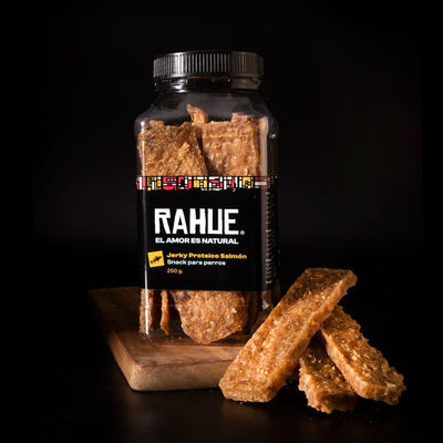 Rahue Jerky salmón 250 g snack deshidratado para perros empaque