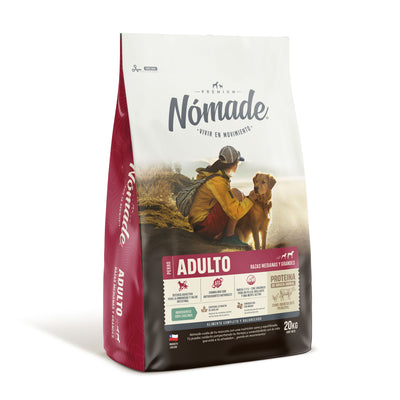 Nomade alimento seco perro adulto 20 Kg vista frontal del saco