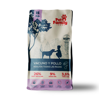 Pet Family alimento seco perro adulto 15 Kg empaque frontal