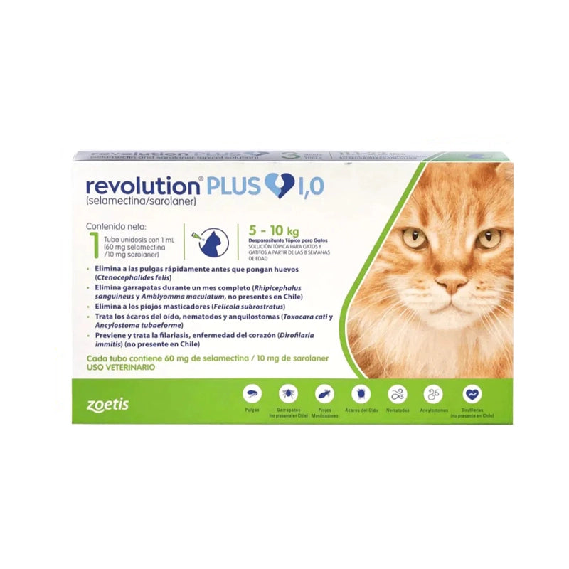 Revolution Plus 1 ml gato 5 a 10 kg antiparasitario 1 pipeta empaque