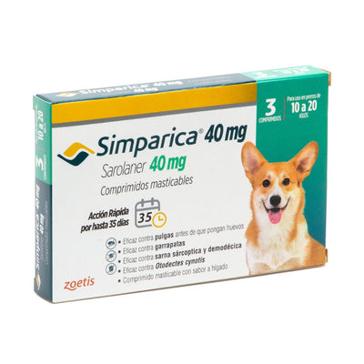 Simparica antiparasitario perro 10 a 20 kg 3 comprimidos masticables empaque