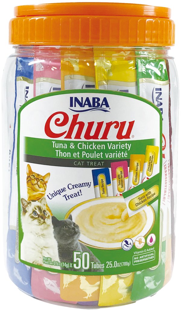 Churu snack variedades atún y pollo pack 50 unidades para gatos empaque