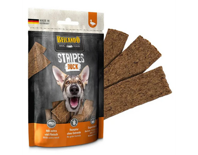 Belcando snack stripes pato 70 grs para perro empaque vista frontal