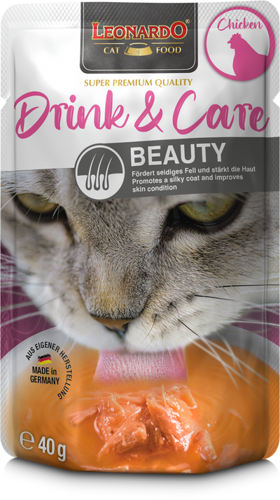 Leonardo gato Drink & Care Beauty pollo pouch 40 grs vista frontal