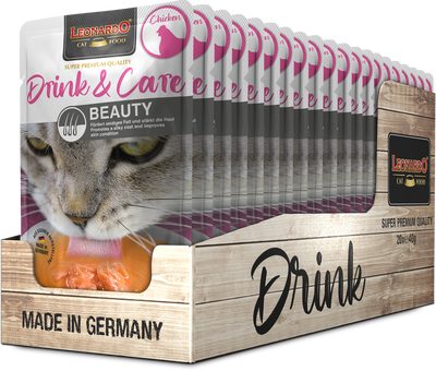 Leonardo gato Drink & Care Beauty pollo display 40 grs x 20 uds bandeja