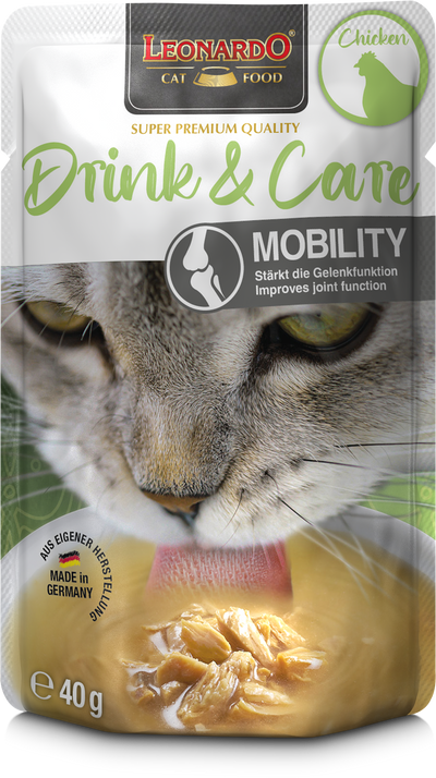 Leonardo gato Drink & Care Mobility pollo pouch 40 grs vista frontal