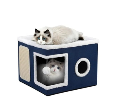 Cubo felino multifunción con rascador azul para gatos vista frontal