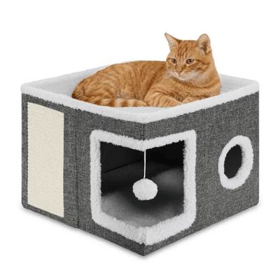 Cubo felino multifunción con rascador gris para gatos vista frontal