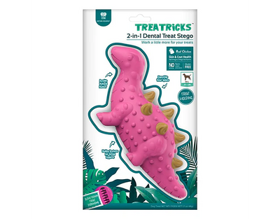 Dental Treat estegosaurio 2 en 1 sabor pollo snack dental para perro vista frontal