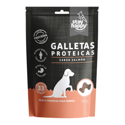 Stay Happy galletas proteicas salmón grain free 140 grs snack para perro empaque