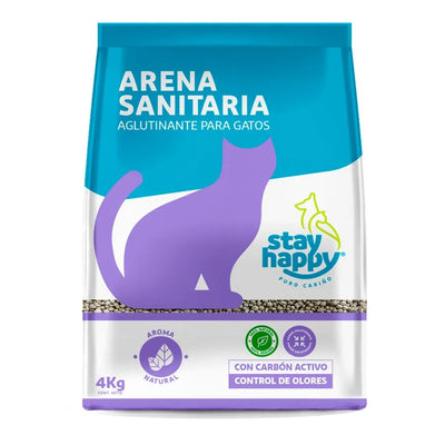 Stay Happy arena aglutinante aroma lavanda 4 kg empaque vista frontal
