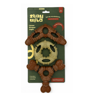Stay Wild juguete mordedor perro pack 3 formas fibra bambú vista frontal