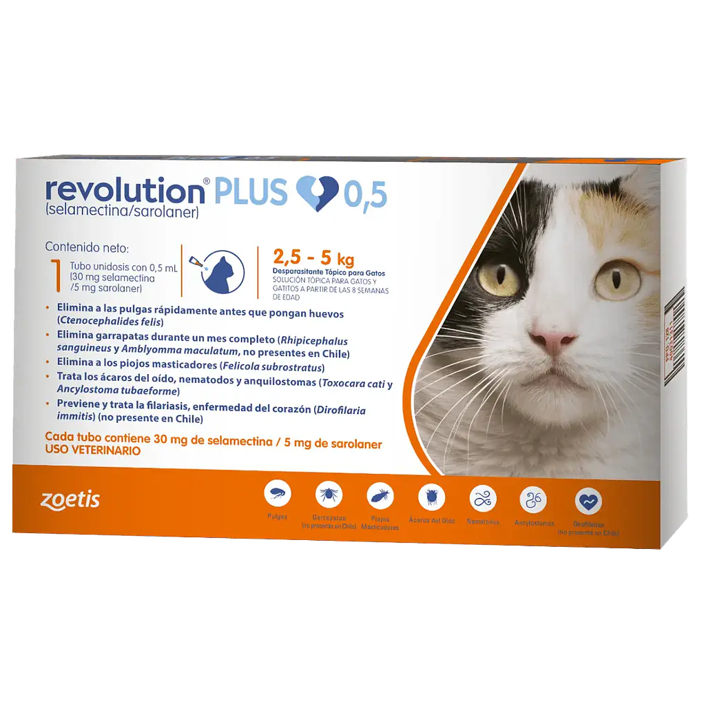 Revolution Plus 0.5 ml gato 2.5 a 5 kg antiparasitario 1 pipeta empaque