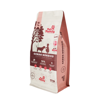 Pet Family perro adulto cerdo nórdico 15 kg alimento seco saco vista frontal