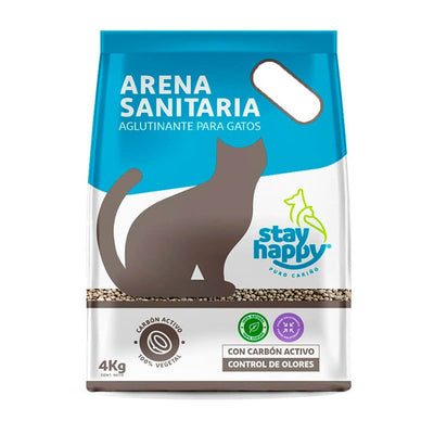 Stay Happy arena aglutinante carbón activo 5 Kg para gatos empaque