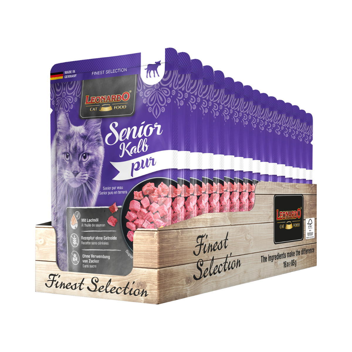 Leonardo Gato Senior Finest Selection Puro en Ternera Pouch 85 Grs. x 16 Uds.