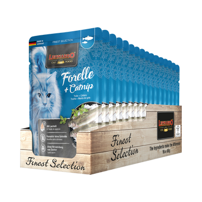 Leonardo gato Finest Selection trucha y catnip pouch 85 grs x 16 uds vista frontal