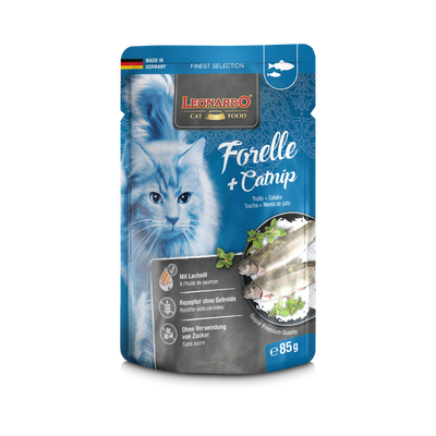 Leonardo gato Finest Selection trucha y catnip pouch 85 grs empaque vista frontal