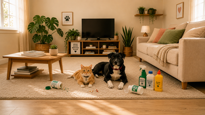 Perro y gato en un living junto a medicamentos y productos de limpieza, representando los principales riesgos domésticos para las mascotas y la importancia de mantenerlos fuera de su alcance.