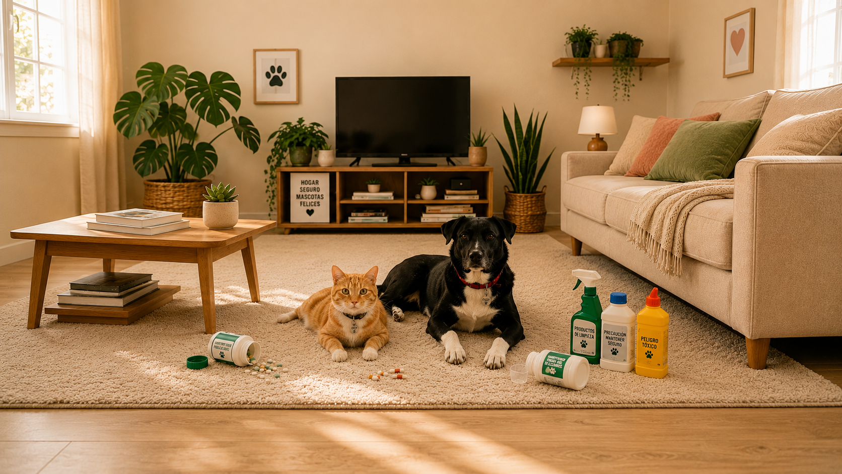 Perro y gato en un living junto a medicamentos y productos de limpieza, representando los principales riesgos domésticos para las mascotas y la importancia de mantenerlos fuera de su alcance.