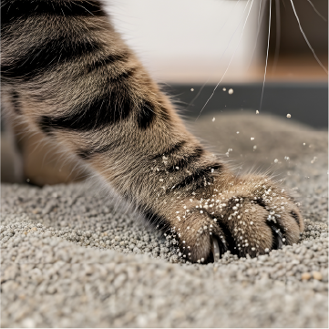 Pata de gato escarbando en arena sanitaria