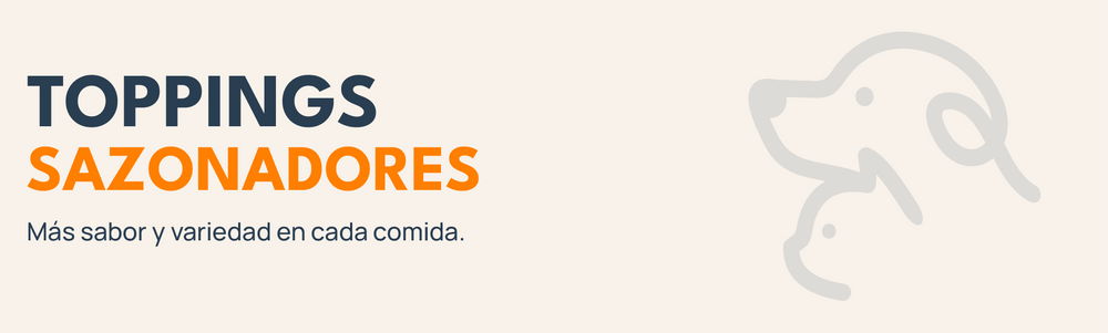 Banner de toppings y sazonadores para perros con isotipo de Mordelones, ideales para agregar sabor y variedad a sus comidas.