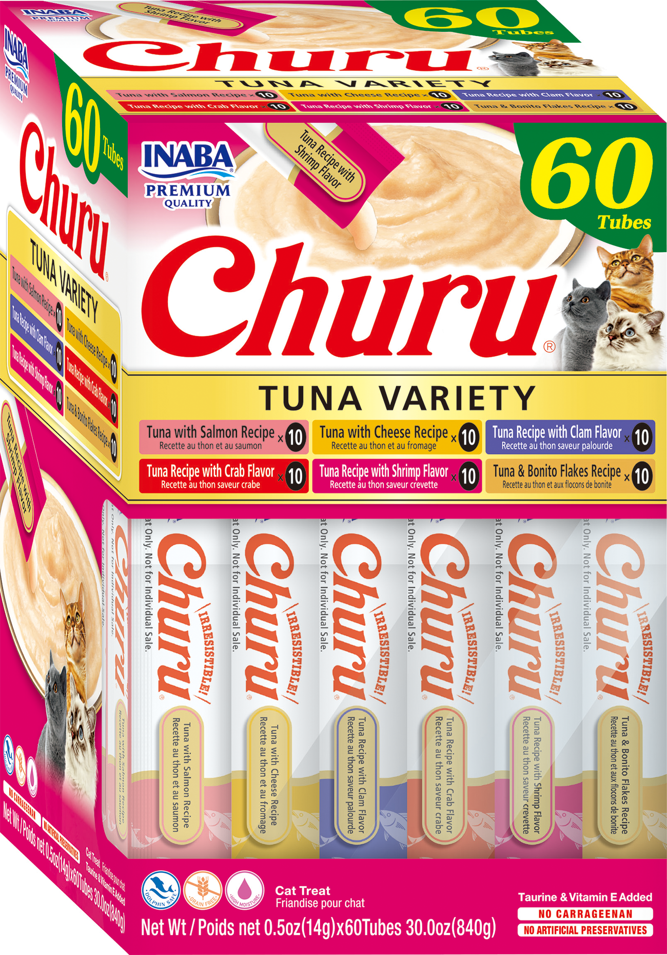 Churu snack variedades atún pack 60 tubos para gatos vista lateral del empaque