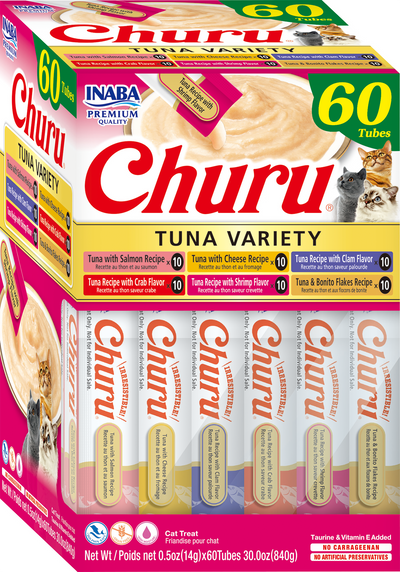 Churu snack variedades atún pack 60 tubos para gatos vista lateral del empaque