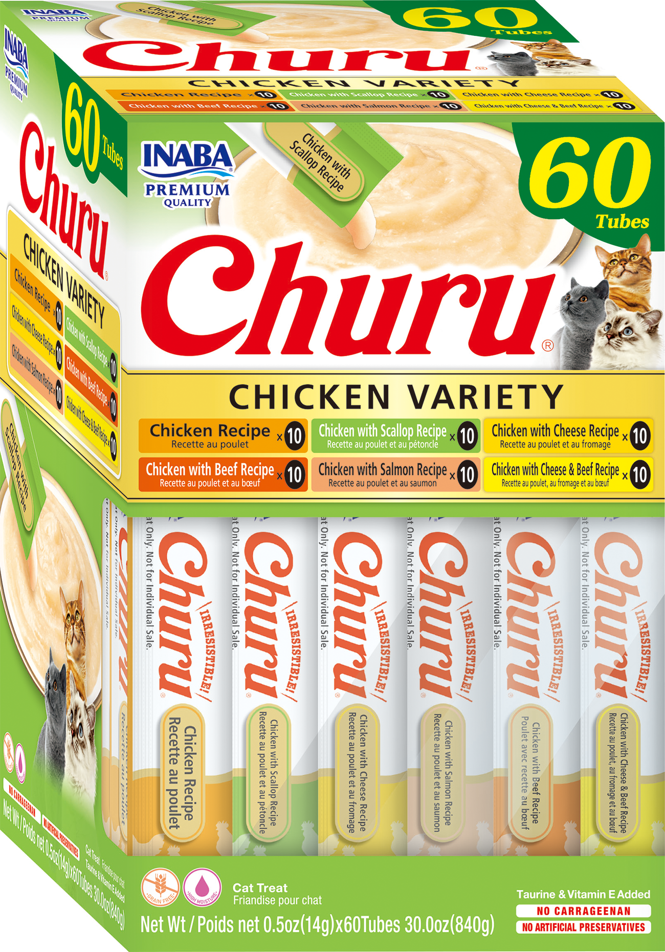 Churu snack variedades pollo pack 60 tubos para gatos vista lateral del empaque