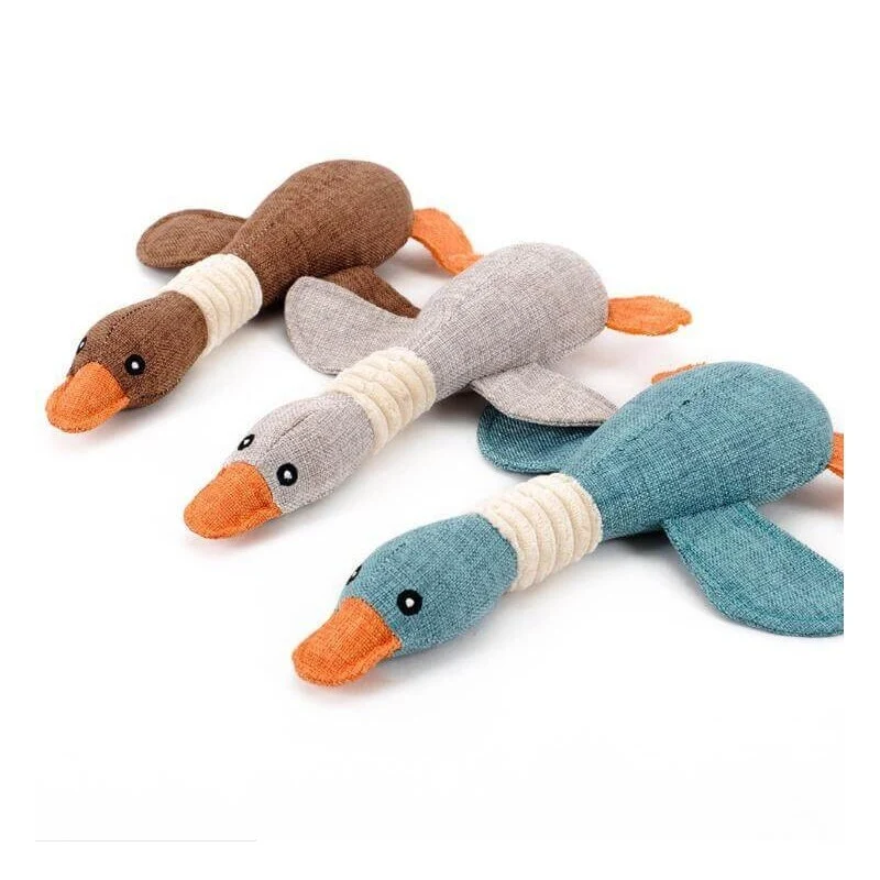 Peluche mordedor pato con sonido para perros, en sus tres colores: café, gris y celeste