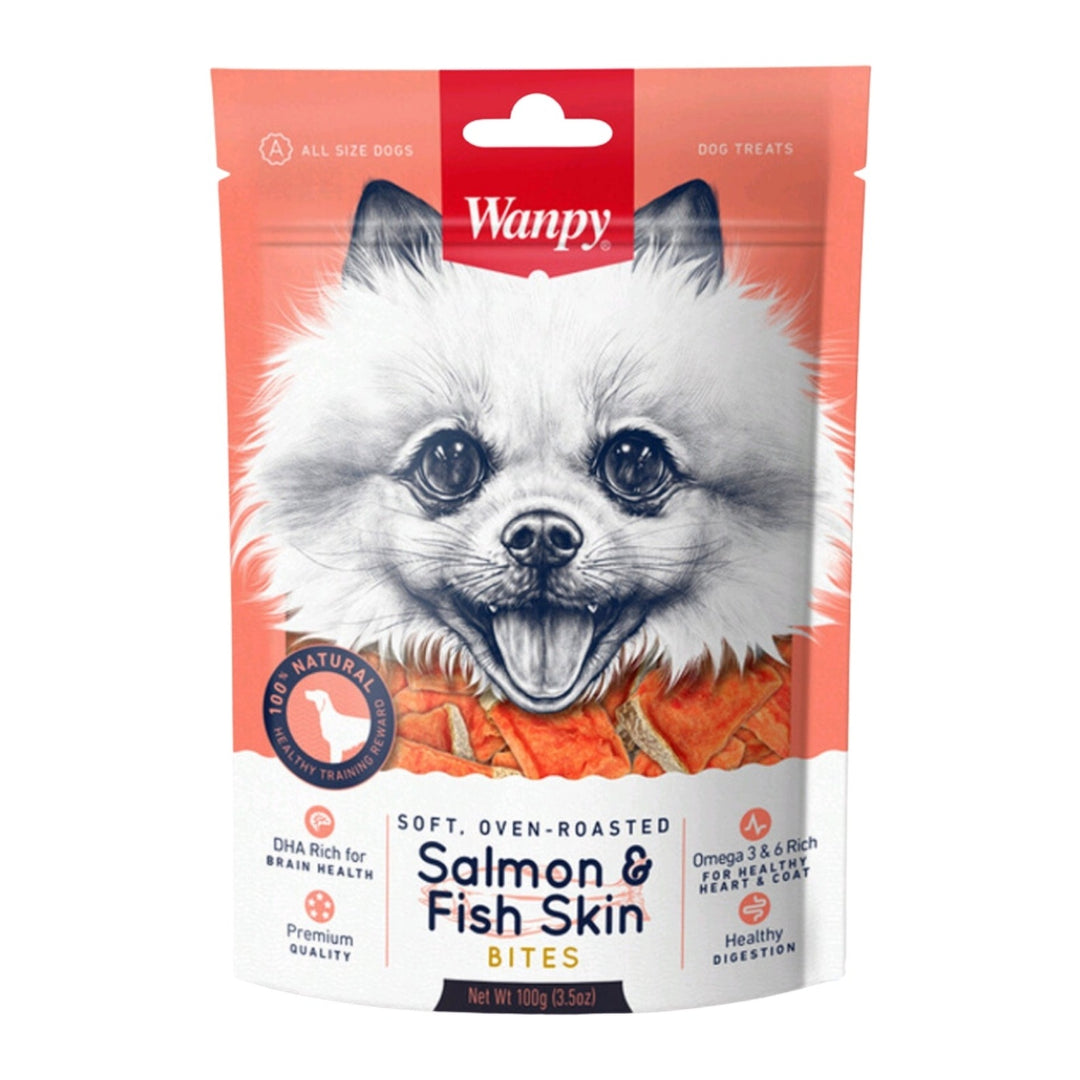 Wanpy Jerky Salmon y piel de pescado 100 g snack para perros empaque